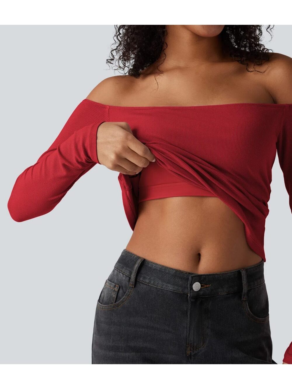 Halara Ribbed Knit Off Shoulder Long Sleeve 2-in-1 Casual Top Red Size Large - Picture 6 of 10